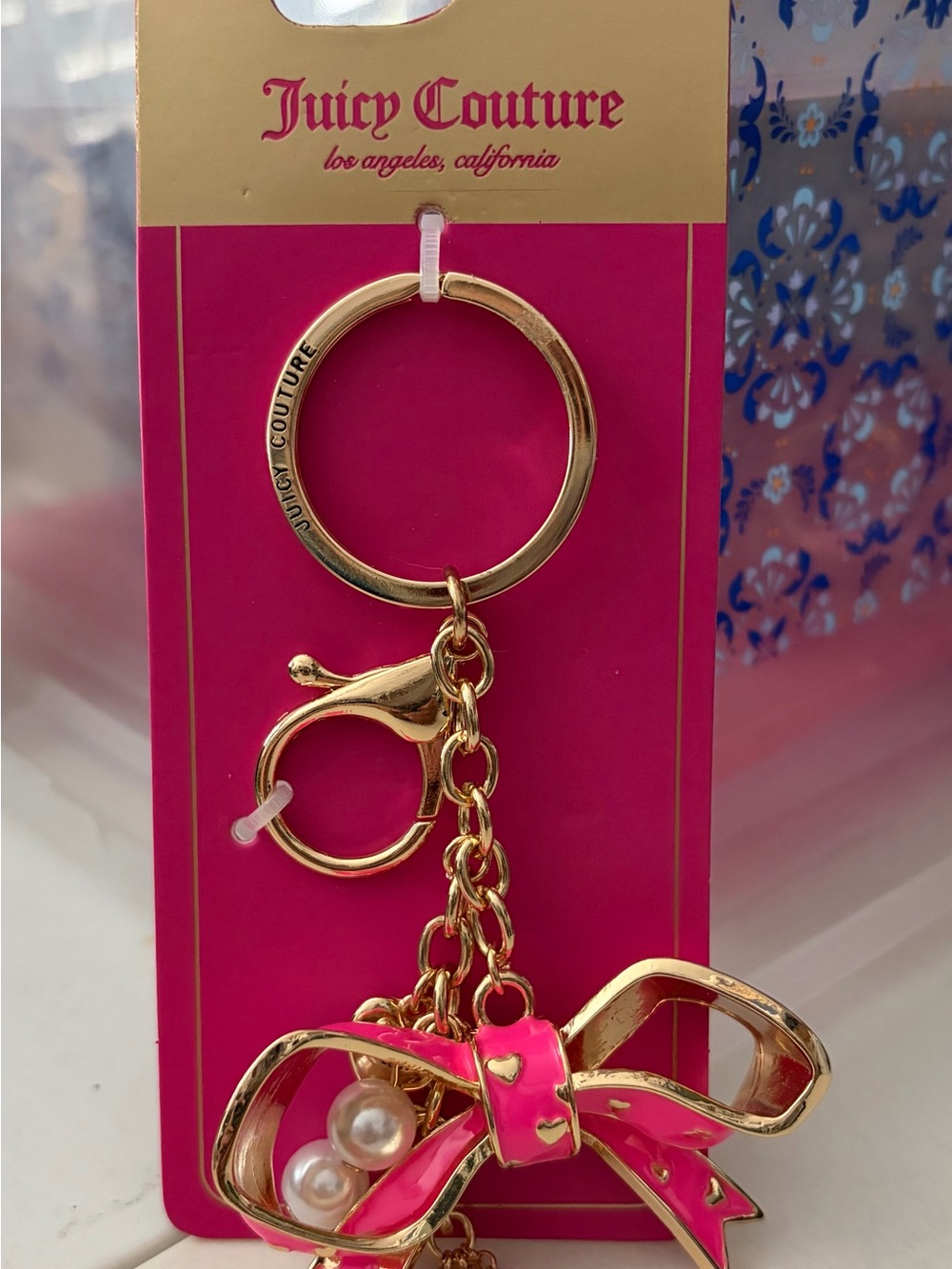 Juicy Couture Gold & Hot Pink Bow Key Ring with Pearl Accents